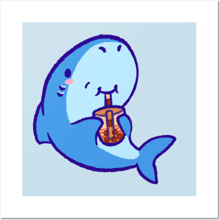 Cute shark drinking boba tea Posters and Art